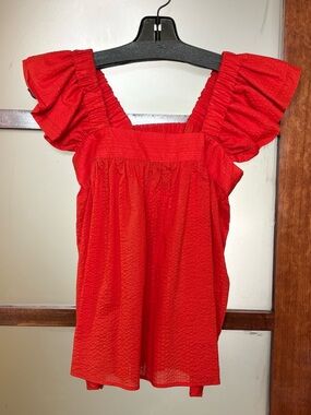 Inclan Studio Red Ruffle-Sleeve Square-Neck Tank Top